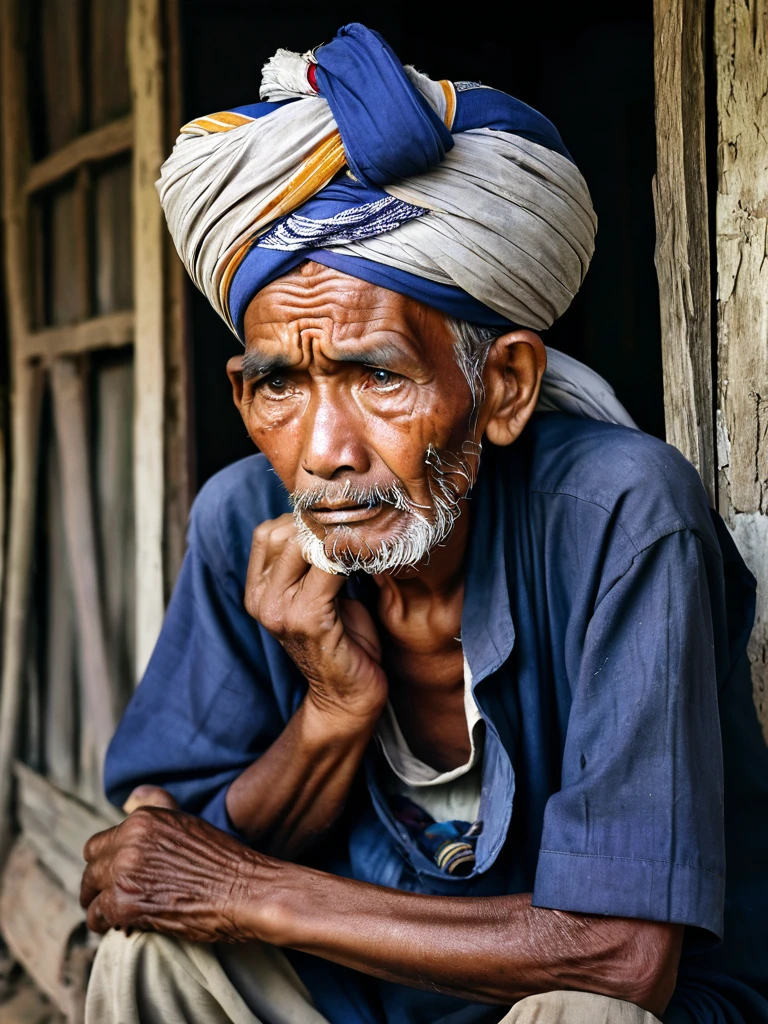 A poor Malay old man in a turban is in sorrow in a dilapidated house in a village