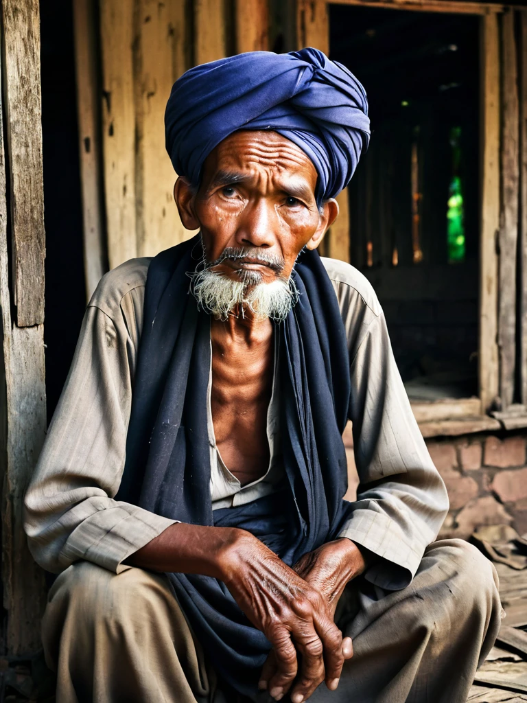 A poor Malay old man in a turban is in sorrow in a dilapidated house in a village
