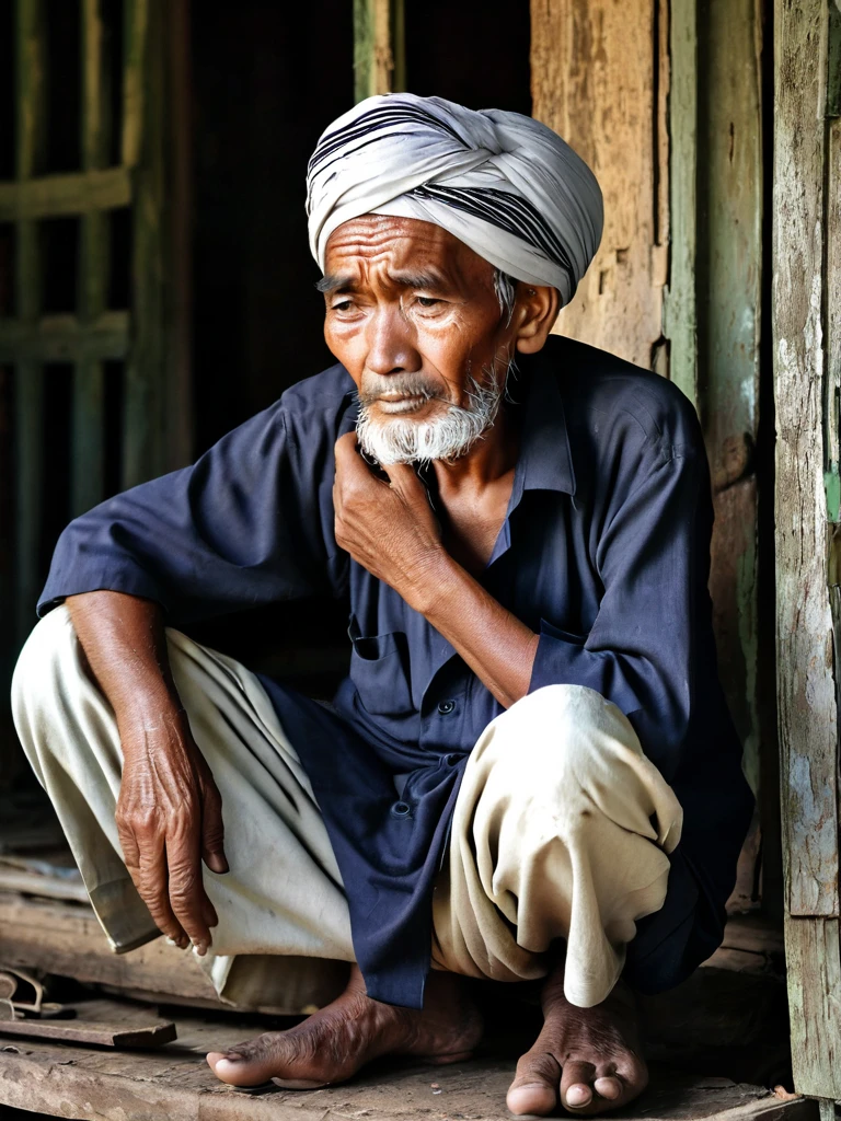 A poor Malay old man in a turban is in sorrow in a dilapidated house in a village