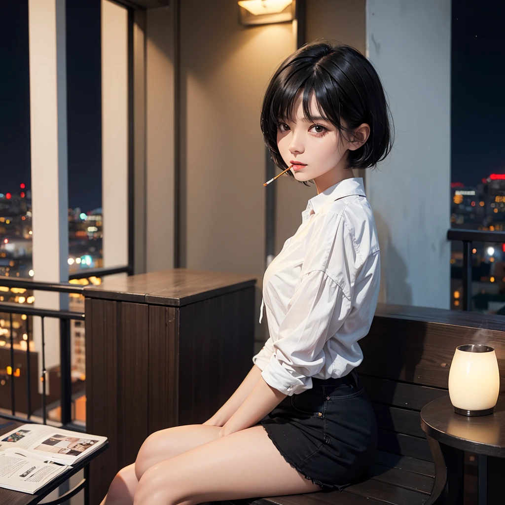 Girl with medium short black hair. At night on a balcony while smoking