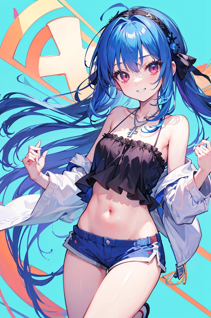 masterpiece, best quality, ultra detailed, a girl, grinning, jumping, looking at viewer, semi long, blue hair, with cross-shaped irises, red eyes, halter top, shorts, necklace, light blue background, flat background, kawaii, cute, anime