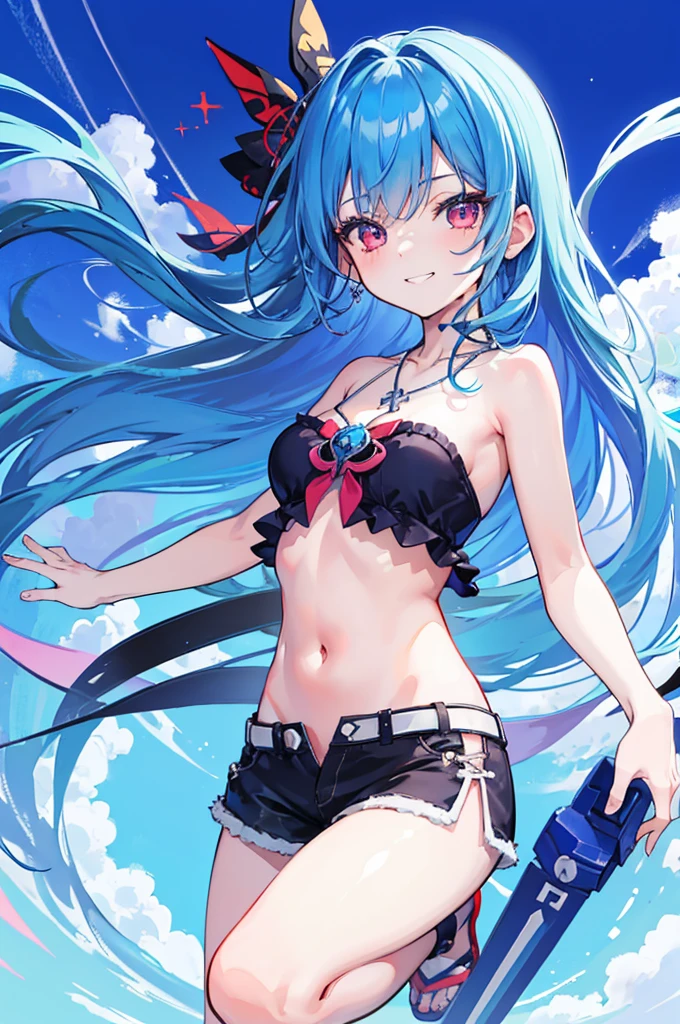 masterpiece, best quality, ultra detailed, a girl, grinning, jumping, looking at viewer, semi long, blue hair, with cross-shaped irises, red eyes, halter top, shorts, necklace, light blue background, flat background, kawaii, cute, anime