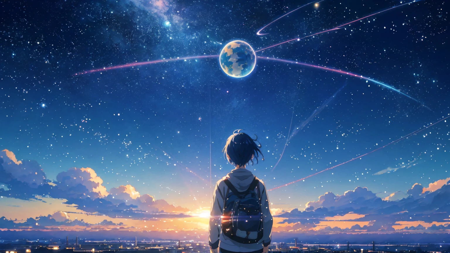 Beautiful sky anime scene with stars and planets, Space Sky. by Makoto Shinkai, anime art wallpaper 4k, anime art wallpaper 4k, Anime Art Wallpapers 8K, anime wallpaper 4k, anime wallpaper 4k, 4k anime wallpaper, Anime Sky, Awesome Wallpapers, Anime Background, Heavenly planets in the background, Anime Background art no humans landscape