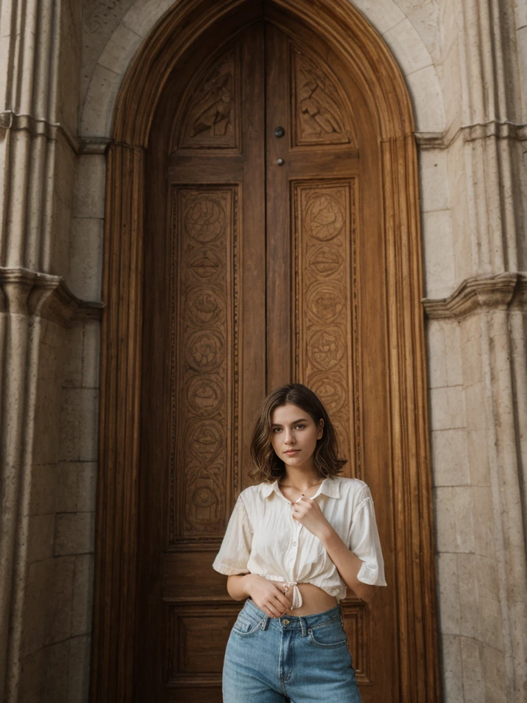 her name is Amelie, high quality, 1girl, ((20-year-old fit Caucasian woman)), ((20 years old)), ((slim)), ((Wavy Bob)), pose: standing, wearing stylish fashionable Generation-Z modern wear colored, BACKGROUND: In the historic San Agustin Church, with its baroque interiors, carved wooden doors, and a museum showcasing religious artifacts