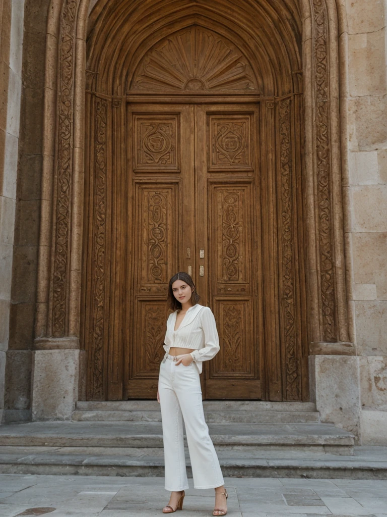 her name is Amelie, high quality, 1girl, ((20-year-old fit Caucasian woman)), ((20 years old)), ((slim)), ((Wavy Bob)), pose: standing, wearing stylish fashionable Generation-Z modern wear colored, BACKGROUND: In the historic San Agustin Church, with its baroque interiors, carved wooden doors, and a museum showcasing religious artifacts
