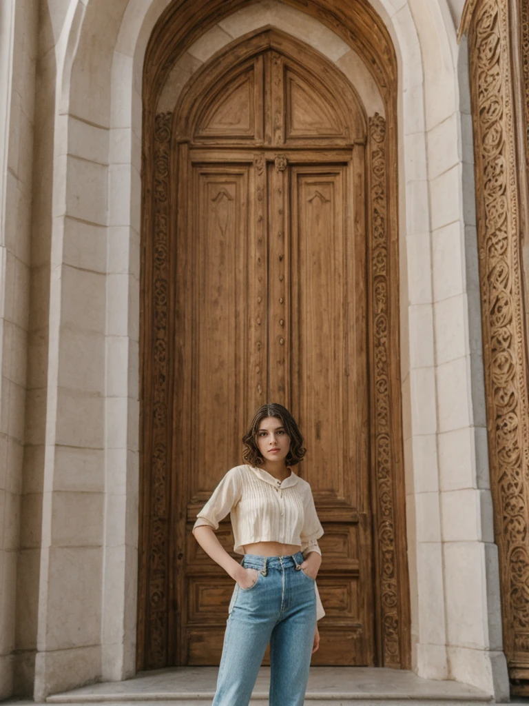 her name is Amelie, high quality, 1girl, ((20-year-old fit Caucasian woman)), ((20 years old)), ((slim)), ((Wavy Bob)), pose: standing, wearing stylish fashionable Generation-Z modern wear colored, BACKGROUND: In the historic San Agustin Church, with its baroque interiors, carved wooden doors, and a museum showcasing religious artifacts