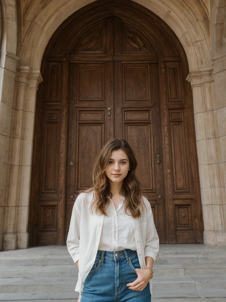 her name is Amelie, high quality, 1girl, ((20-year-old fit Caucasian woman)), ((20 years old)), ((slim)), ((Wavy Bob)), pose: standing, wearing stylish fashionable Generation-Z modern wear colored, BACKGROUND: In the historic San Agustin Church, with its baroque interiors, carved wooden doors, and a museum showcasing religious artifacts