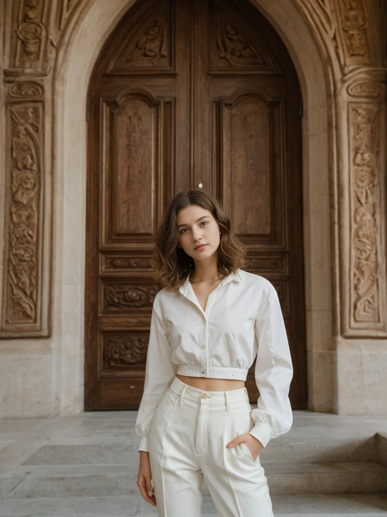 her name is Amelie, high quality, 1girl, ((20-year-old fit Caucasian woman)), ((20 years old)), ((slim)), ((Wavy Bob)), pose: standing, wearing stylish fashionable Generation-Z modern wear colored, BACKGROUND: In the historic San Agustin Church, with its baroque interiors, carved wooden doors, and a museum showcasing religious artifacts
