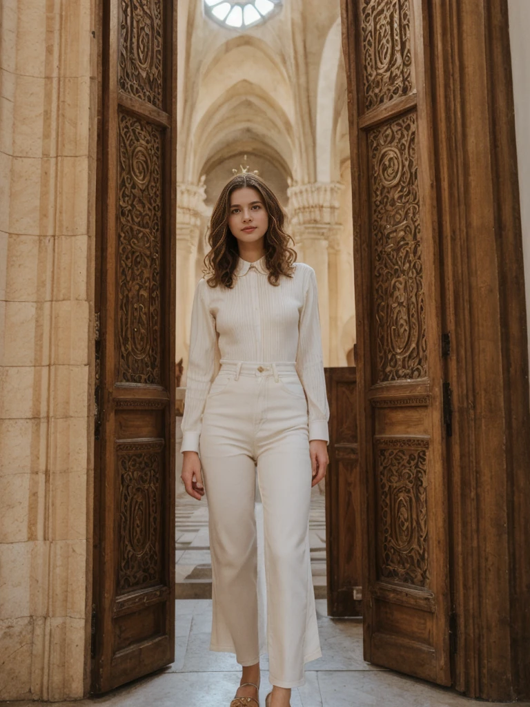 her name is Amelie, high quality, 1girl, ((20-year-old fit Caucasian woman)), ((20 years old)), ((slim)), ((Wavy Bob)), pose: standing, wearing stylish fashionable Generation-Z modern wear colored, BACKGROUND: In the historic San Agustin Church, with its baroque interiors, carved wooden doors, and a museum showcasing religious artifacts