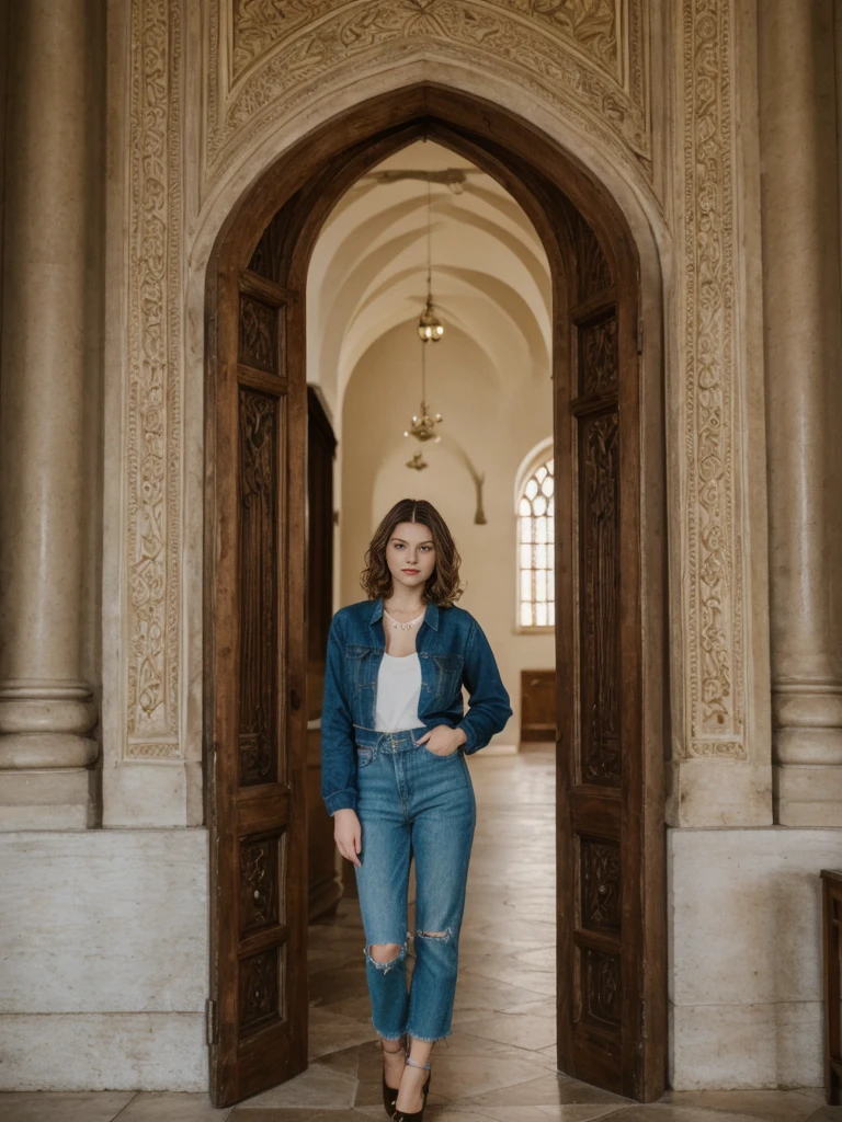 her name is Amelie, high quality, 1girl, ((20-year-old fit Caucasian woman)), ((20 years old)), ((slim)), ((Wavy Bob)), pose: standing, wearing stylish fashionable Generation-Z modern wear colored, BACKGROUND: In the historic San Agustin Church, with its baroque interiors, carved wooden doors, and a museum showcasing religious artifacts