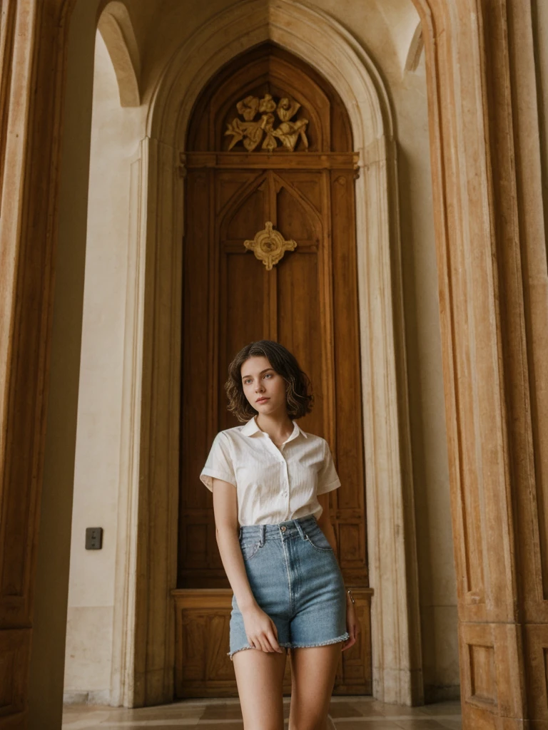 her name is Amelie, high quality, 1girl, ((20-year-old fit Caucasian woman)), ((20 years old)), ((slim)), ((Wavy Bob)), pose: standing, wearing stylish fashionable Generation-Z modern wear colored, BACKGROUND: In the historic San Agustin Church, with its baroque interiors, carved wooden doors, and a museum showcasing religious artifacts
