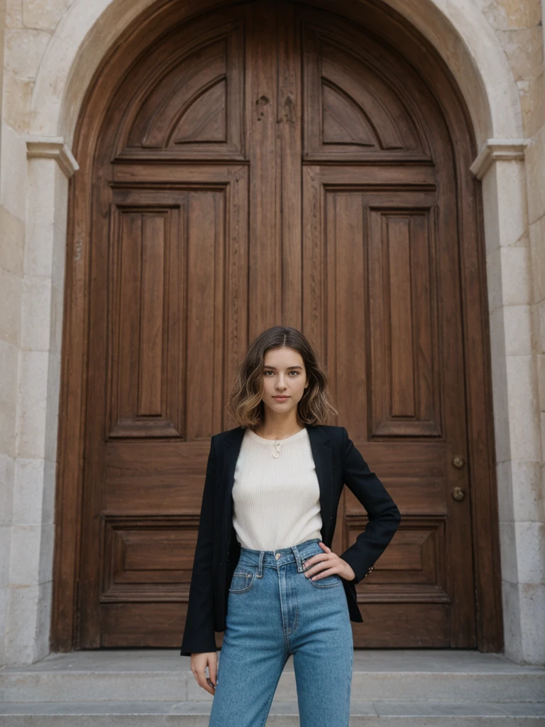 her name is Amelie, high quality, 1girl, ((20-year-old fit Caucasian woman)), ((20 years old)), ((slim)), ((Wavy Bob)), pose: standing, wearing stylish fashionable Generation-Z modern wear colored, BACKGROUND: In the historic San Agustin Church, with its baroque interiors, carved wooden doors, and a museum showcasing religious artifacts