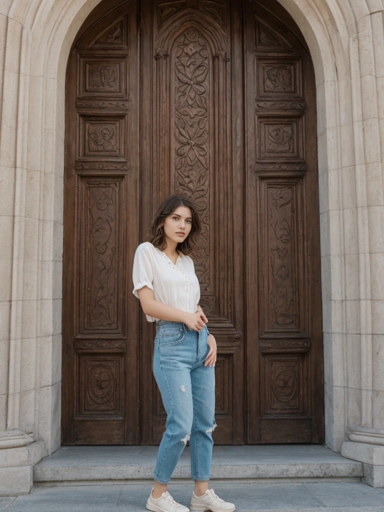 her name is Amelie, high quality, 1girl, ((20-year-old fit Caucasian woman)), ((20 years old)), ((slim)), ((Wavy Bob)), pose: standing, wearing stylish fashionable Generation-Z modern wear colored, BACKGROUND: In the historic San Agustin Church, with its baroque interiors, carved wooden doors, and a museum showcasing religious artifacts