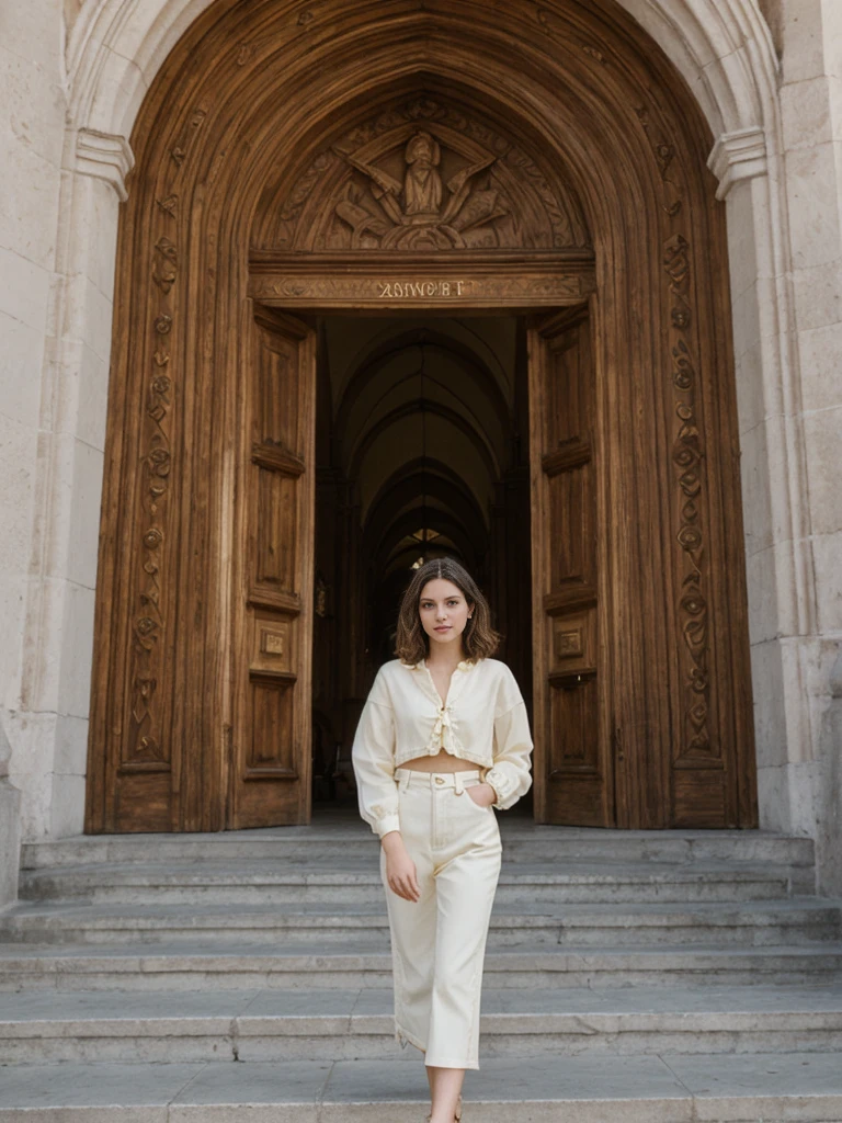her name is Amelie, high quality, 1girl, ((20-year-old fit Caucasian woman)), ((20 years old)), ((slim)), ((Wavy Bob)), pose: standing, wearing stylish fashionable Generation-Z modern wear colored, BACKGROUND: In the historic San Agustin Church, with its baroque interiors, carved wooden doors, and a museum showcasing religious artifacts