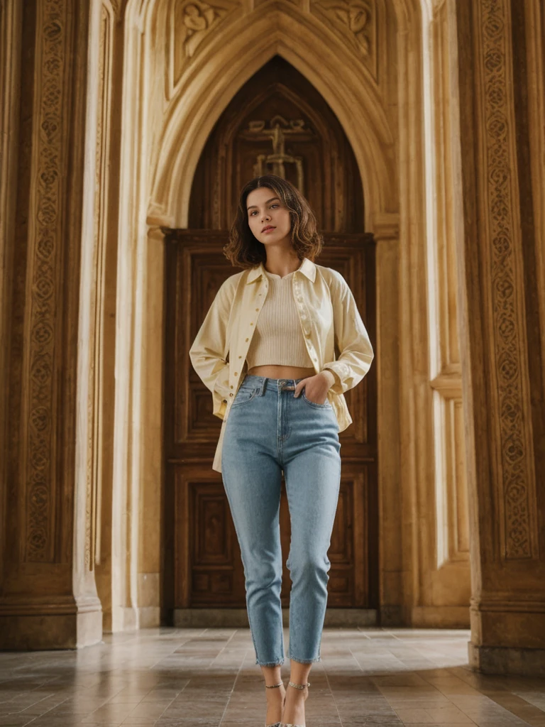 her name is Amelie, high quality, 1girl, ((20-year-old fit Caucasian woman)), ((20 years old)), ((slim)), ((Wavy Bob)), pose: standing, wearing stylish fashionable Generation-Z modern wear colored, BACKGROUND: In the historic San Agustin Church, with its baroque interiors, carved wooden doors, and a museum showcasing religious artifacts