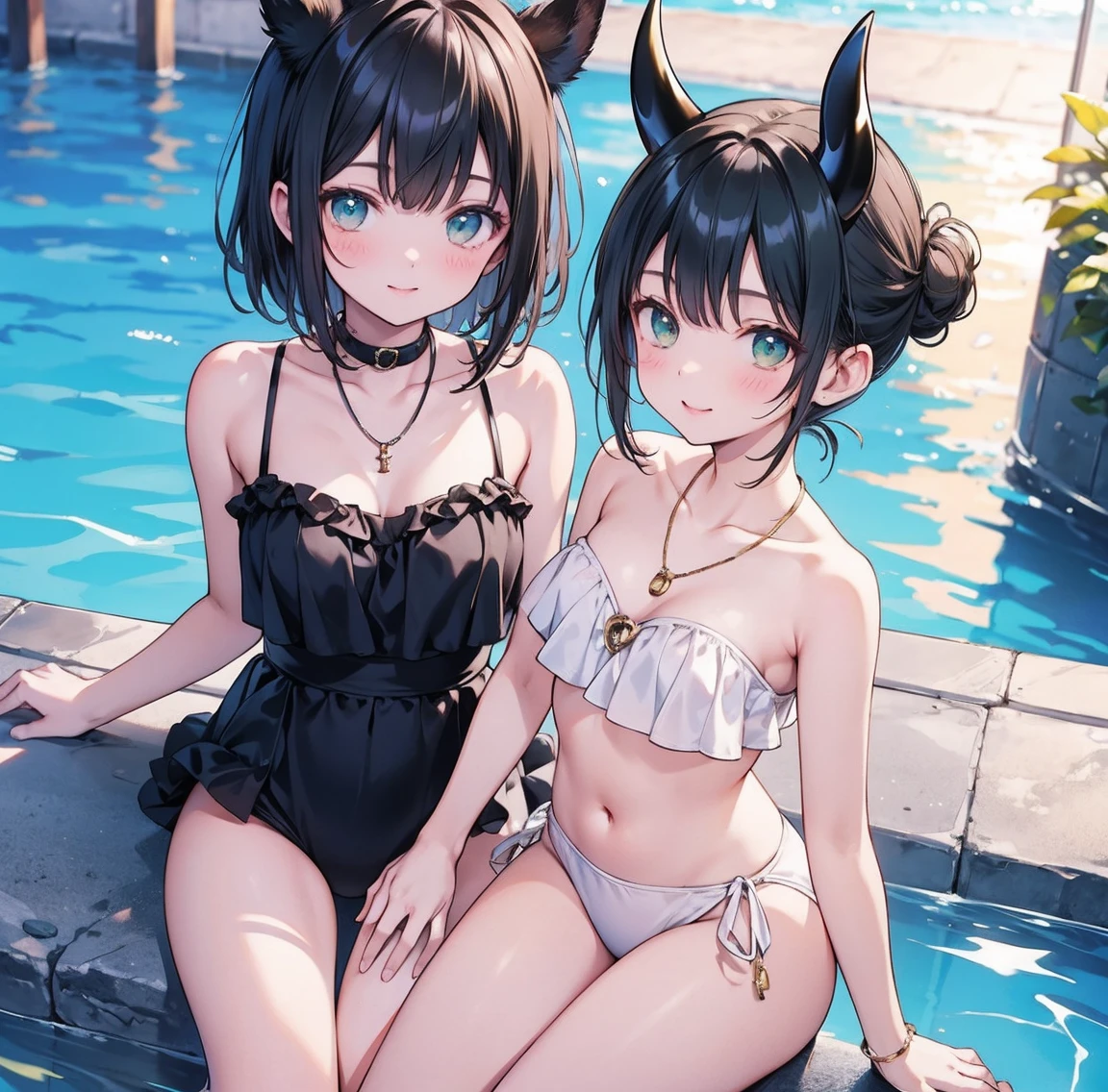 One woman、Gorgeous green swimsuit、,race,Black Hair、Short bun hair、hair ornaments、necklace、back、Golden devil horns、Anatomically correct,、Night beach、smile、Night Pool