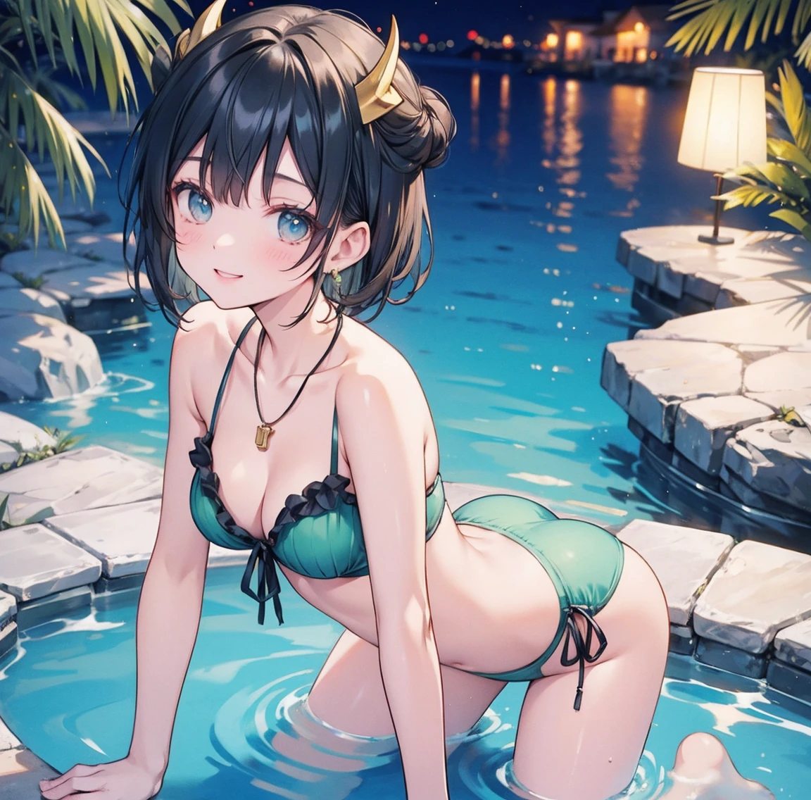 One woman、Gorgeous green swimsuit、,race,Black Hair、Short bun hair、hair ornaments、necklace、back、Golden devil horns、Anatomically correct,、Night beach、smile、Night Pool