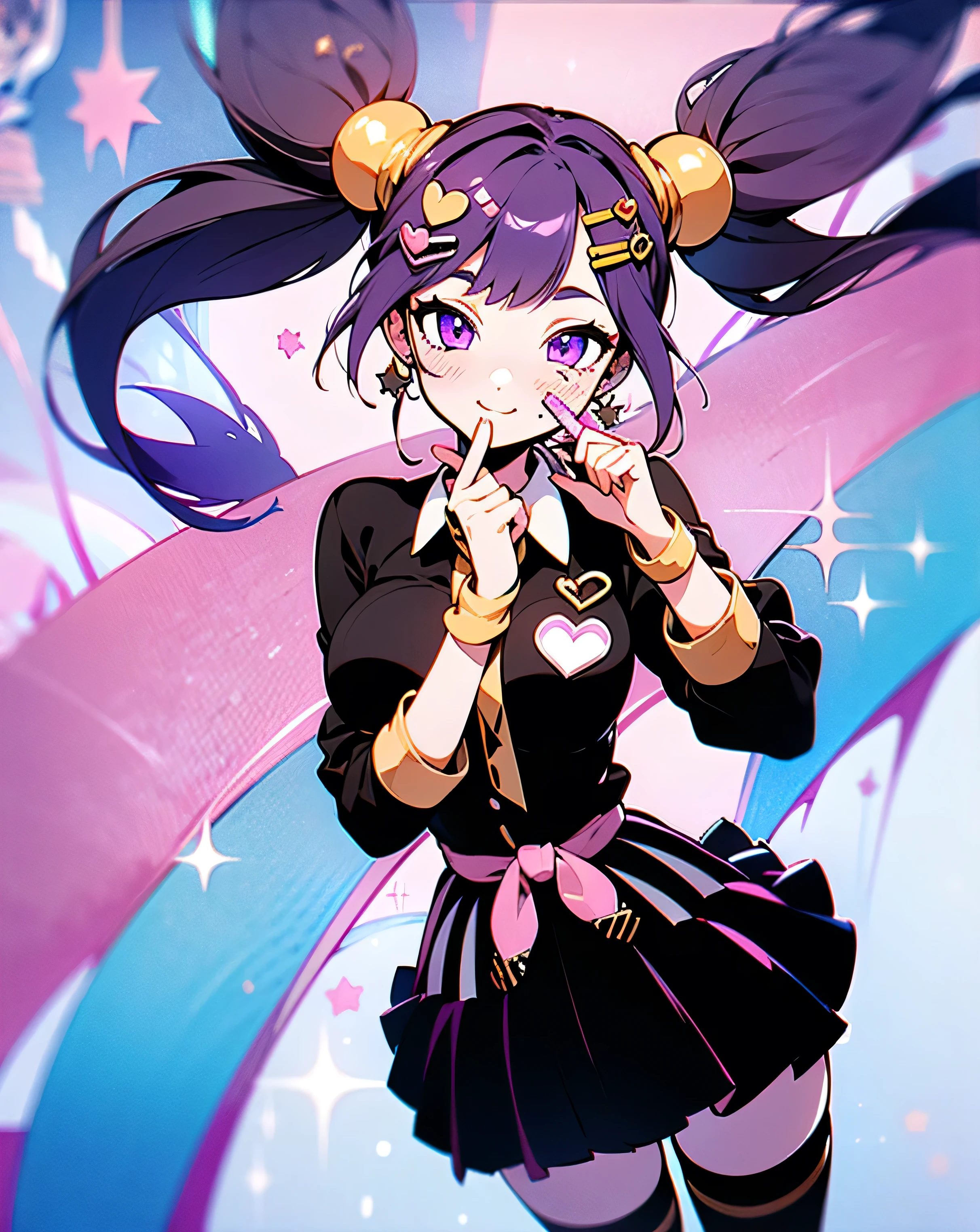(masterpiece), (HDR), absurdres, (best quality), (ultra high quality), (hi-res), (1girl), (((pastel purple eyes))), beautiful detailed eyes, detailed eyes, teen, (((dark purple hair))), bangs, short side locks, (big thick twintails), (long straight hair), ((two gold hair ties)), (medium breast), skirt, collared shirt, ruffles, sleeve cuffs, ((thighhighs)), (zettai ryouiki), (thin waist), ((thigh gap)), (happy expression), halfbody, portrait, ice cream, napolitan flavor, ((color palette: brown, pink, vanilla off-white)), pretty, hearts, sparkles, star effects, bokeh, cute, happy, jumping floating, pattern background, ice cream shop, icecream car, 🍦🍨🍭, tasty trifecta of classic ice cream flavors, decora, hairclips, harajuku fashion outfit, harajuku