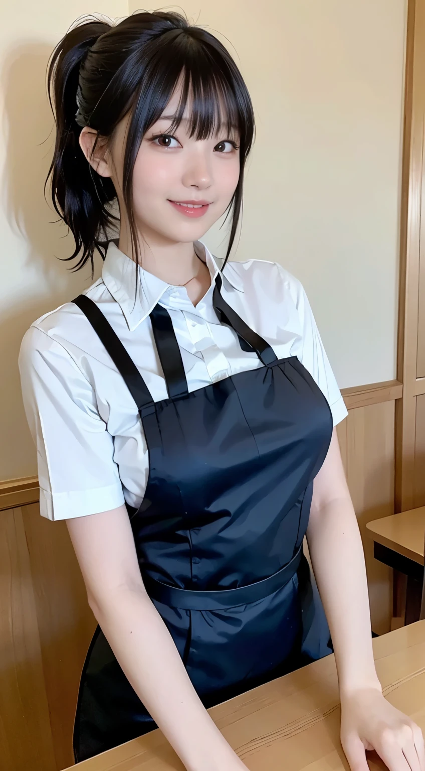 (Highest quality,masterpiece:1.3,Ultra-high resolution,),(Very detailed,Caustics),(Realistic:1.4,RAW shooting,)Ultra-Realistic Capture,Very detailed,High resolution 16k human skin closeup。 Natural skin texture、,pores、、、、It must be detailed enough to be easily identifiable。 Skin tone is even and healthy looking。 Use natural light and color,restaurant,Waitress Uniform,1 girl,Japanese,18-year-old,cute,Black-haired,ponytail,Big Breasts,smile,Turn your body forward,(Front view:1.1),Looking into the camera,Cowboy Shot,