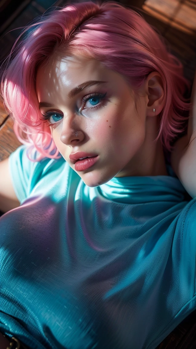 (((ultra realistic))) Photo, masterpiece, top quality, (pale skin), (Ultra detailed face and eyes:1.3), 1 girl, Adult, in a T-shirt, ((Eye makeup, mascara)), (large detailed lips), (( blue eyes)), ((short Pink hair )), ((Chyolka)) , (Natural breasts), Slim waist. ((Posing)), photoshoot, studio (soft lighting), (The play of light and shadows), depth of field, bokeh, (special attention to skin detail: 1.2), Detailed leather texture, skin pores. (Warm atmosphere of the frame. Color range - purple, Pink, blue tones), UDR, ((Film grain)), ((rays)), (Glare), ((Photo to the waist, view from above)) , ultra detialed,