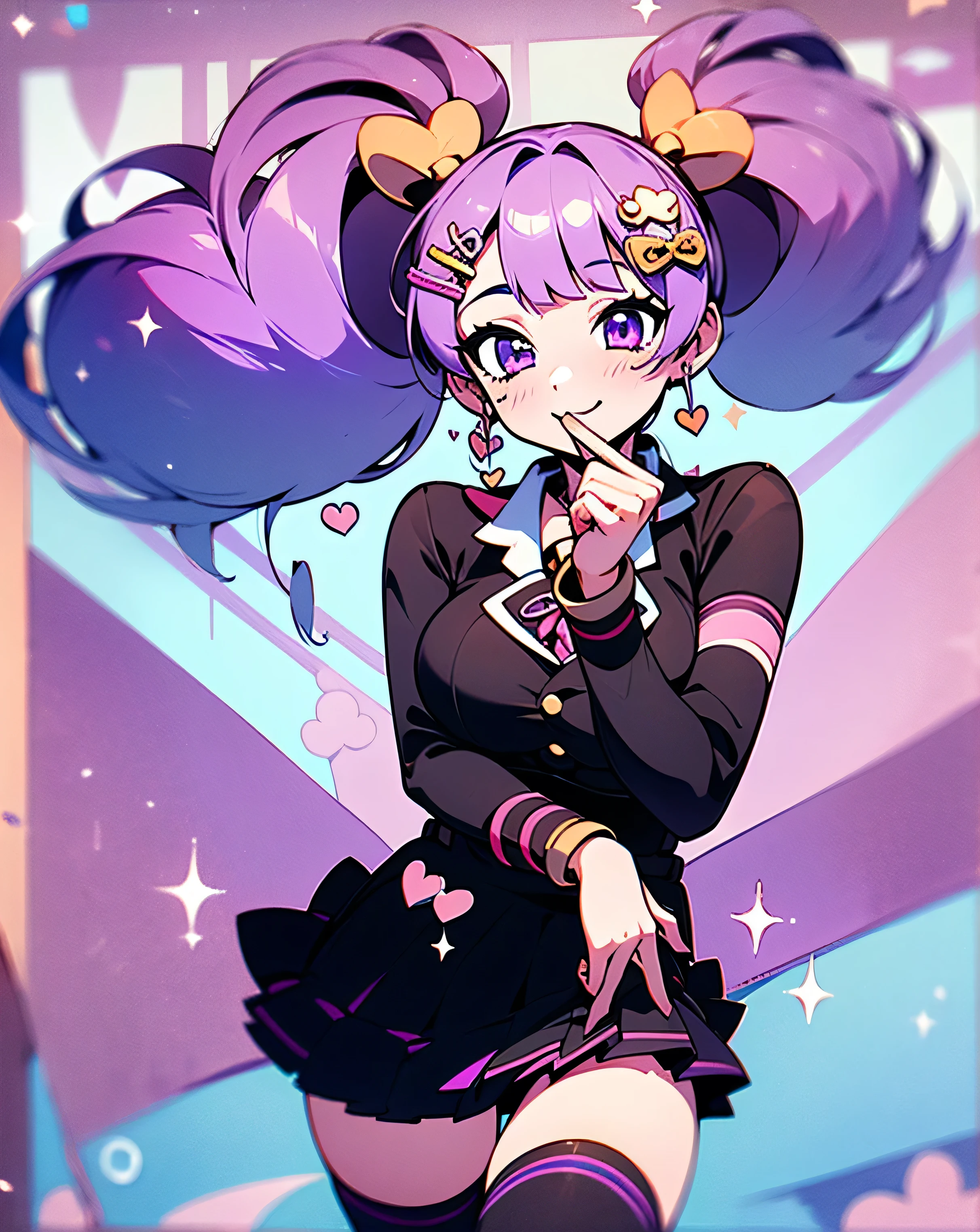 (masterpiece), (HDR), absurdres, (best quality), (ultra high quality), (hi-res), (1girl), (((pastel purple eyes))), beautiful detailed eyes, detailed eyes, , (((dark purple hair))), bangs, short side locks, (big thick twintails), (long straight hair), ((two gold hair ties)), (medium breast), skirt, collared shirt, ruffles, sleeve cuffs, ((thighhighs)), (zettai ryouiki), (thin waist), ((thigh gap)), (happy expression), halfbody, portrait, ice cream, napolitan flavor, ((color palette: brown, pink, vanilla off-white)), pretty, hearts, sparkles, star effects, bokeh, cute, happy, jumping floating, pattern background, ice cream shop, icecream car, 🍦🍨🍭, tasty trifecta of classic ice cream flavors, decora, hairclips, harajuku fashion outfit, harajuku