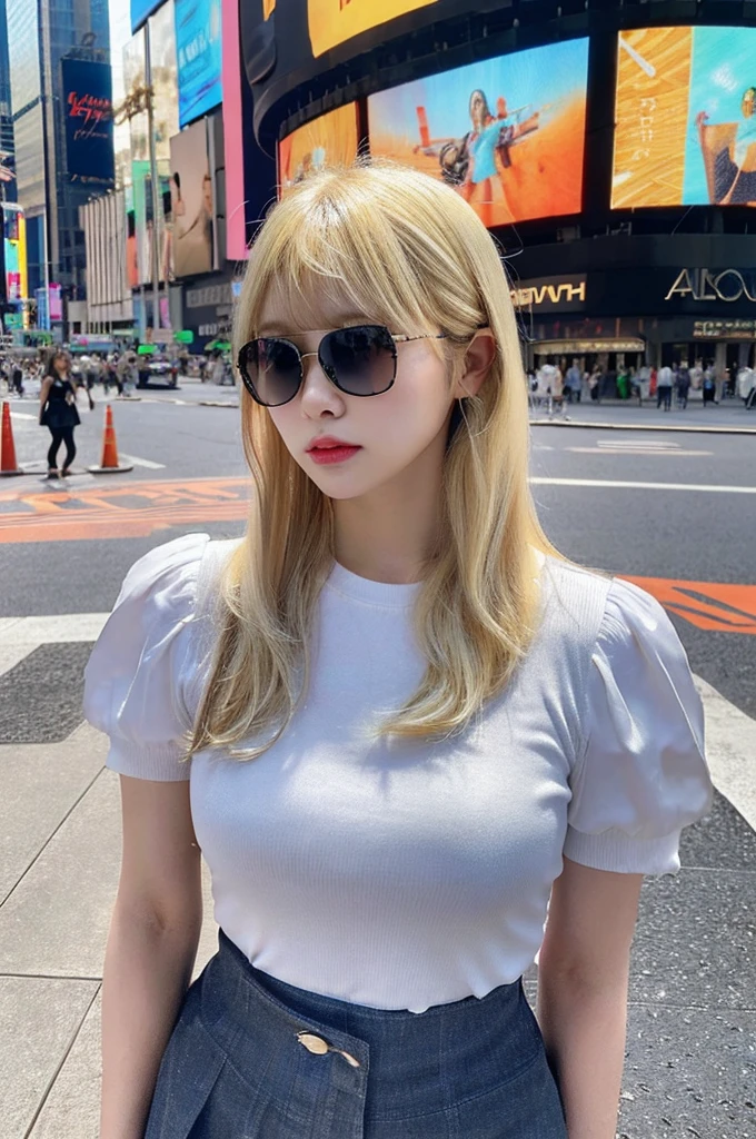 8k, highres, UHD, best quality, soft light, ultra highres, (photorealistic:1.4), RAW photo,(high resolution detail of human skin texture), realistic, white dress shirt, short sleeves, cropped shirt, very long hair, straight hair, (blonde hair:1.4), (blue eyes:1.15), blunt bangs, tight denim skirt, micro mini skirt, wristwatch, necklace, sunglasses on forehead,
1japanese girl, solo, (pupil, lights in the eyes), detailed beautiful face, Facing front, Body facing forward, looking at viewer, annoyed, standing, cowboy shot, navel, thighs, huge breasts, under , black pantyhose,
outdoors, Walking in Times Square, crowd,