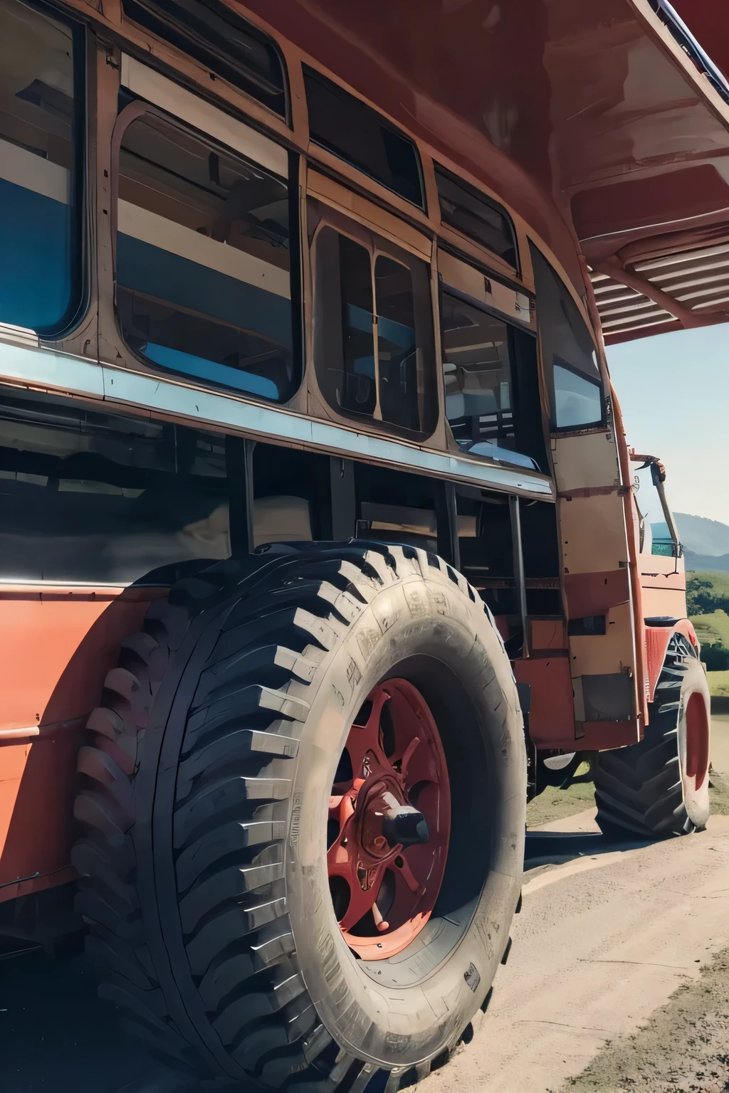 A bus with 10 people on board, exterior, side, huge tires, Tractor, Clear sky, No roof needed