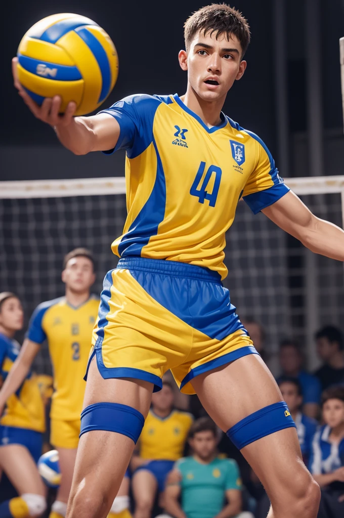 blue boxer shorts with yellow dots from the São Geraldo volleyball team