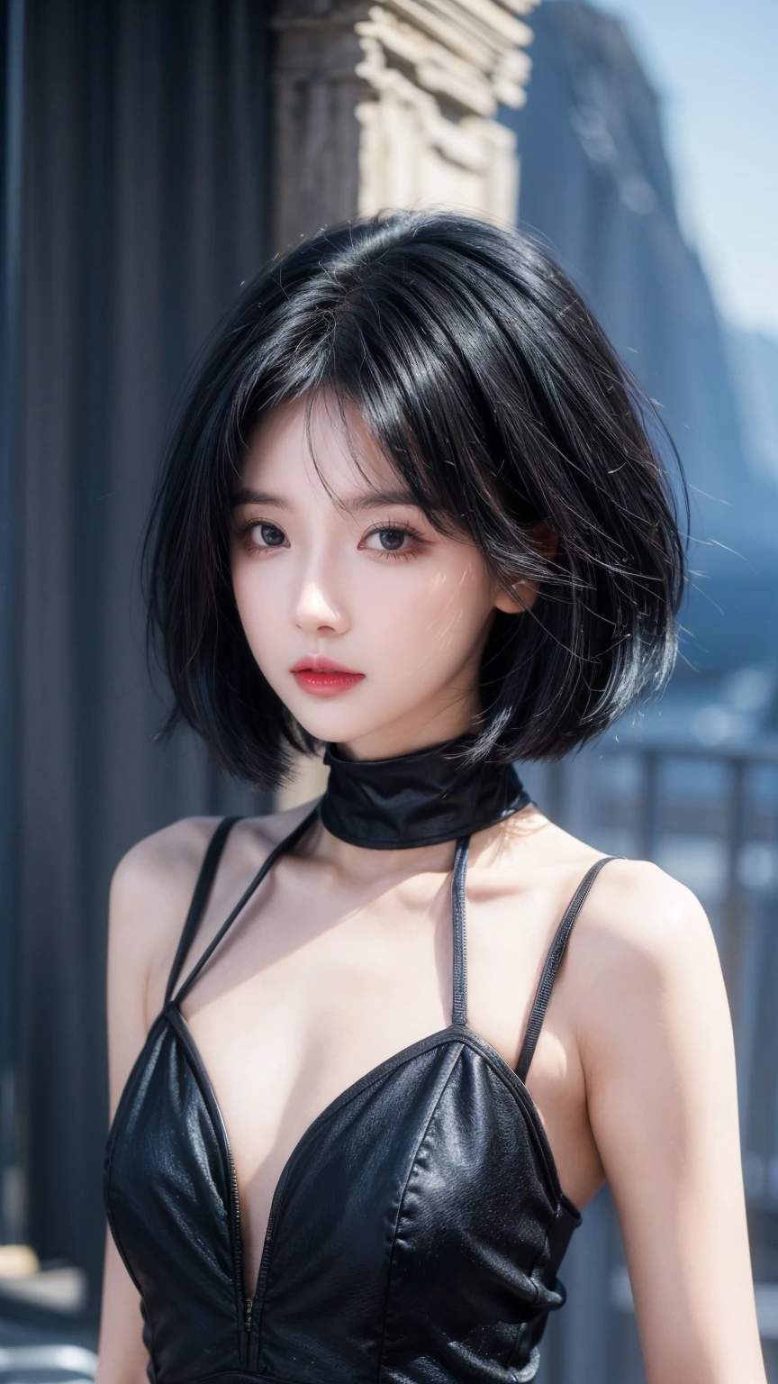 best quality, 1 Girl, dark blue hair, black eyes, Very short hair, Spiky hair, wears sweet black dress slim body luxury，A cropped dress, 171 cm, Messy hair, Hair between the eyes, Tomboy, aldult, 20 years old, A sweet girl by the mountain