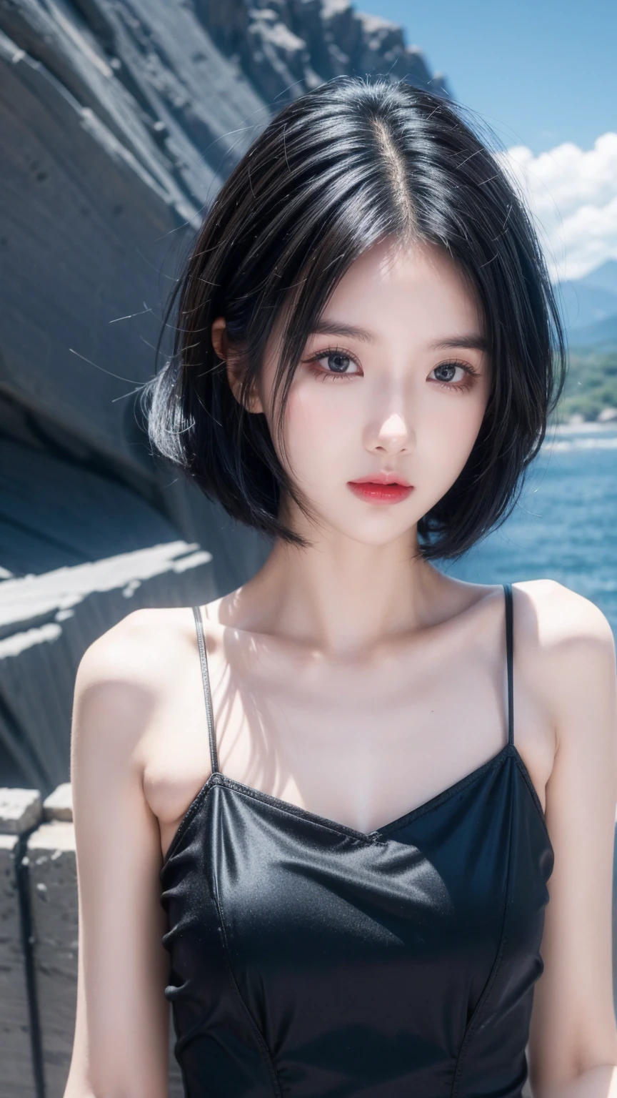 best quality, 1 Girl, dark blue hair, black eyes, Very short hair, Spiky hair, wears sweet black dress slim body luxury，A cropped dress, 171 cm, Messy hair, Hair between the eyes, Tomboy, aldult, 20 years old, A sweet girl by the mountain