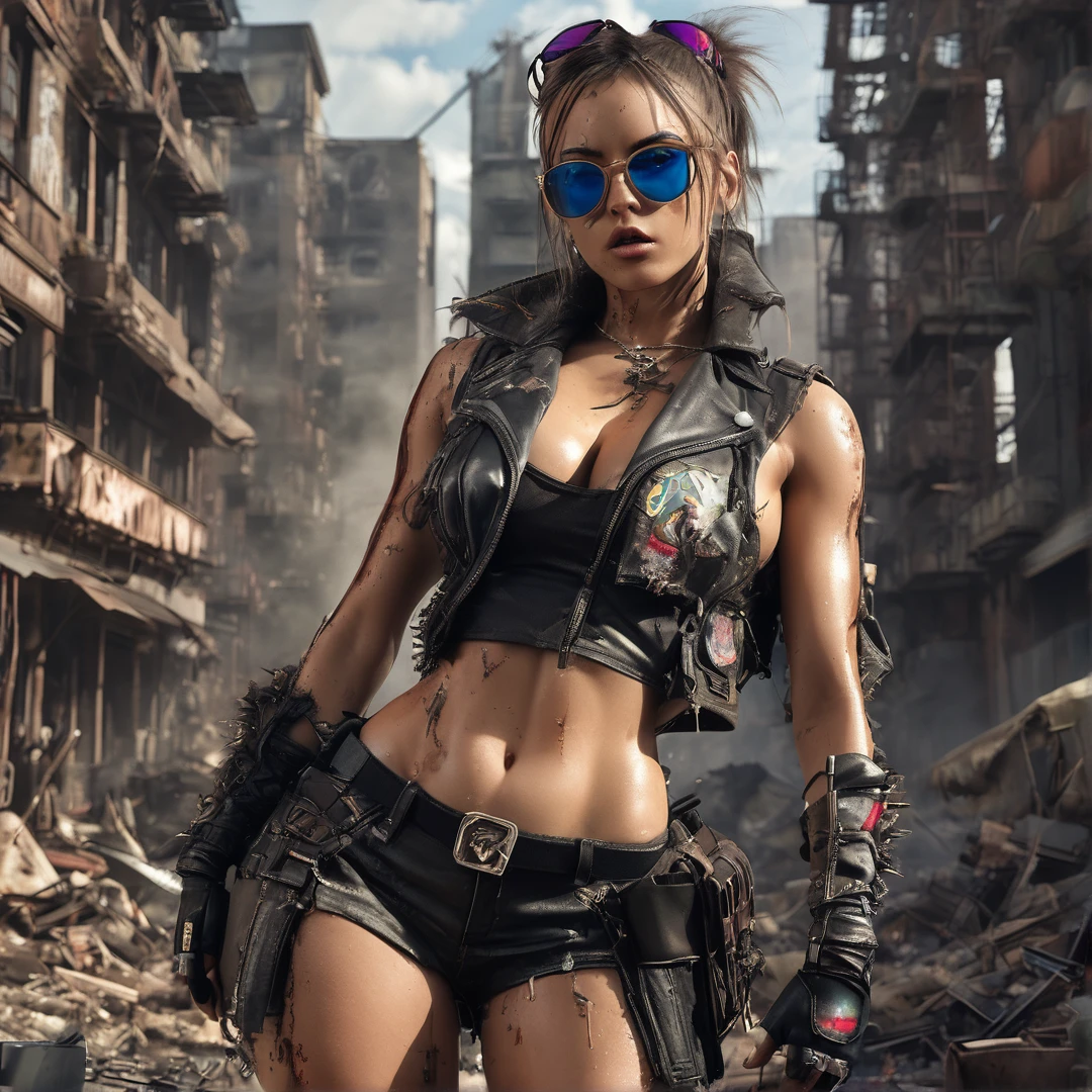 Heavy metal School Girl, post-apocalyptic city, insanely detailed real shiny skin, masterpiece body quality, real color, erotic and sensual, d cup, big chest, sunglasses, 8k resolution🔥, cinematic by zack snider, studio photo