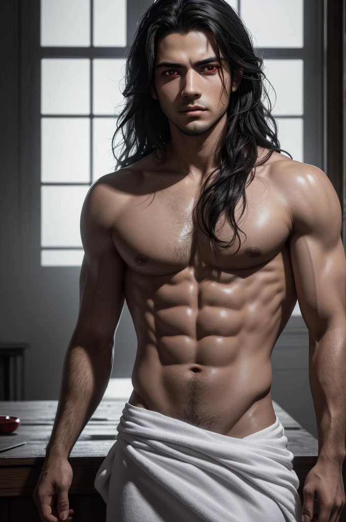 a young adult colombian man, long disheveled black hair, intense red eyes, intense red eyes, intense red eyes, intense red eyes, intense red eyes, intense red eyes, intense red eyes, pale skin, shirtless, wearing only a white towel, dramatic moody lighting, chiaroscuro lighting, cinematic, highly detailed, photorealistic, 8k, hdr, hyper realistic, exquisite details, masterpiece, (best quality,4k,8k,highres,masterpiece:1.2),ultra-detailed,(realistic,photorealistic,photo-realistic:1.37)