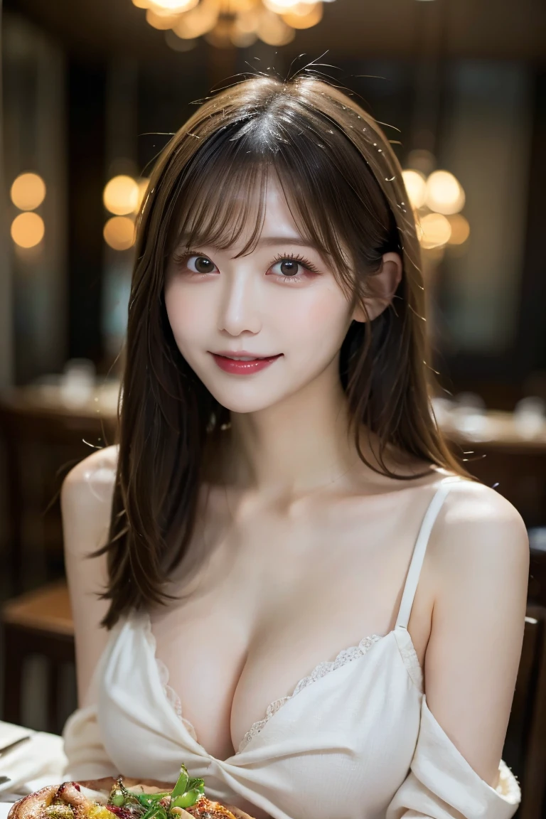 Dinner in a fine dining restaurant, Highest quality, shape, Very detailed, In detail, High resolution, 8k wallpaper, Perfect dynamic composition, Beautiful details,  Natural Lip, Cute one piece dress , Big Breasts, Cleavage, She turns around and looks happy, A masterpiece of the whole body, 