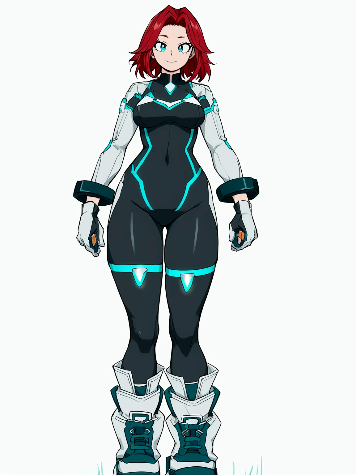 Screenshot of my hero academia. GIRL WITH LONG RED HAIR, dark blue eyes and a cheerful expression. He is wearing a light blue hero suit..