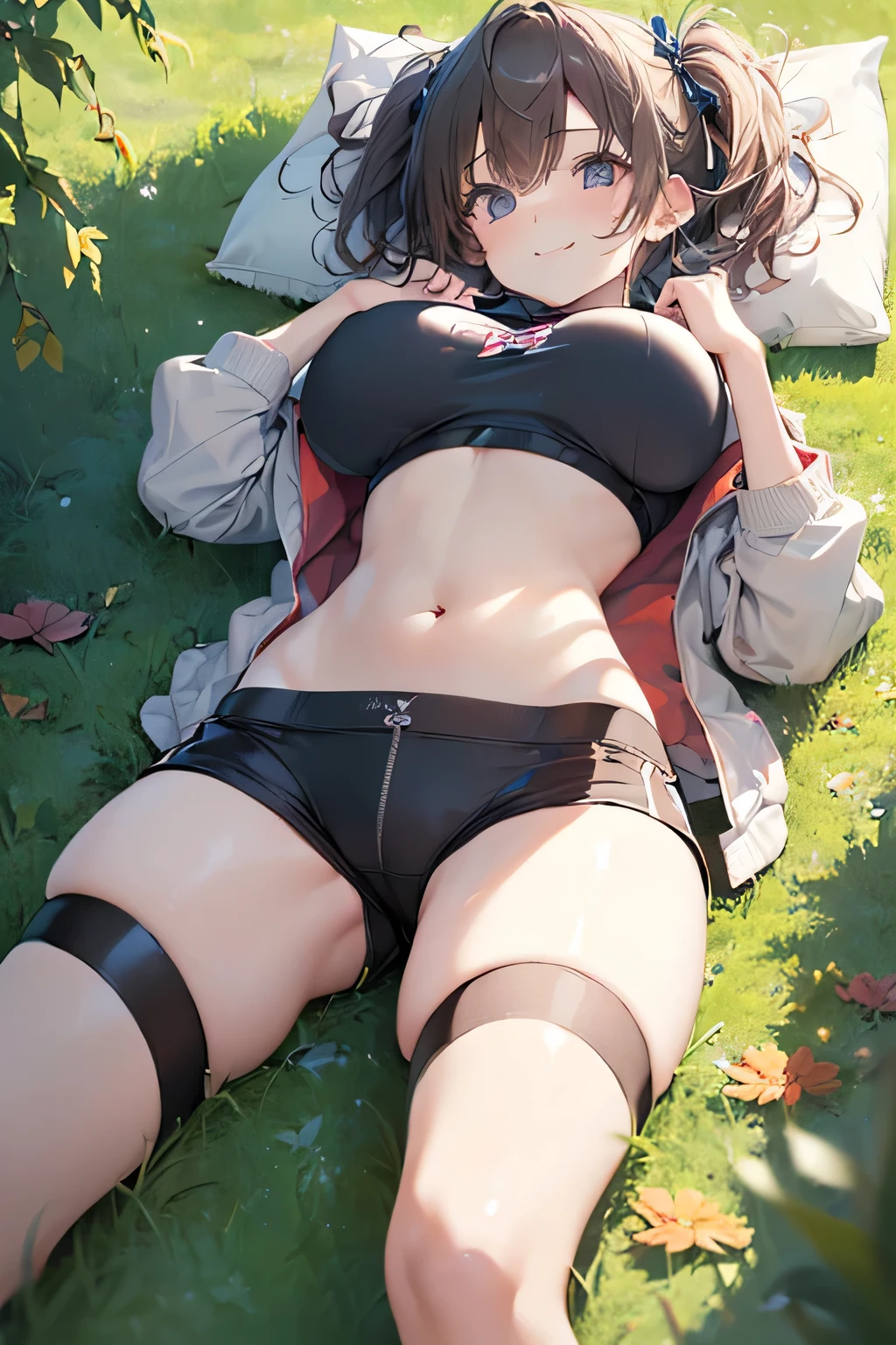 Browsing Caution、(((Perfect photo))), One Girl, alone, , Azusa Nakano, , Jacket, View your audience, smile、((濡れたBetween the legs)), SFW with hidden breasts, Big ample breasts!, SFW Big, Beautiful and seductive anime woman, Big ample breasts!!, Bust ratio adopted, Highest quality, Official Art, Best Anatomy, ((Ultra shiny micro shorts,:1.5))、((White lace sports bra:1.5))、Glowing Skin、Cowboy Shot, (From belowの超クローズアップ)、(((From below、Between the legs,Focus the head, chest and legs in the center of the screen.:1.8)))、Ultra gloss body paint、(((Lie on your back on the ground)))
