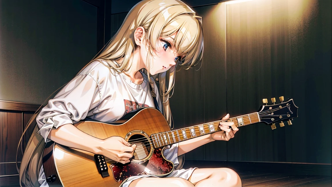 A young girl playing a guitar. She has long hair and is wearing a casual outfit. The scene is set in a cozy room with warm lighting, a few musical posters on the walls, and a comfortable chair. The girl is focused and immersed in her music, sitting on a small stool with the guitar in her hands. The atmosphere is peaceful and inviting.