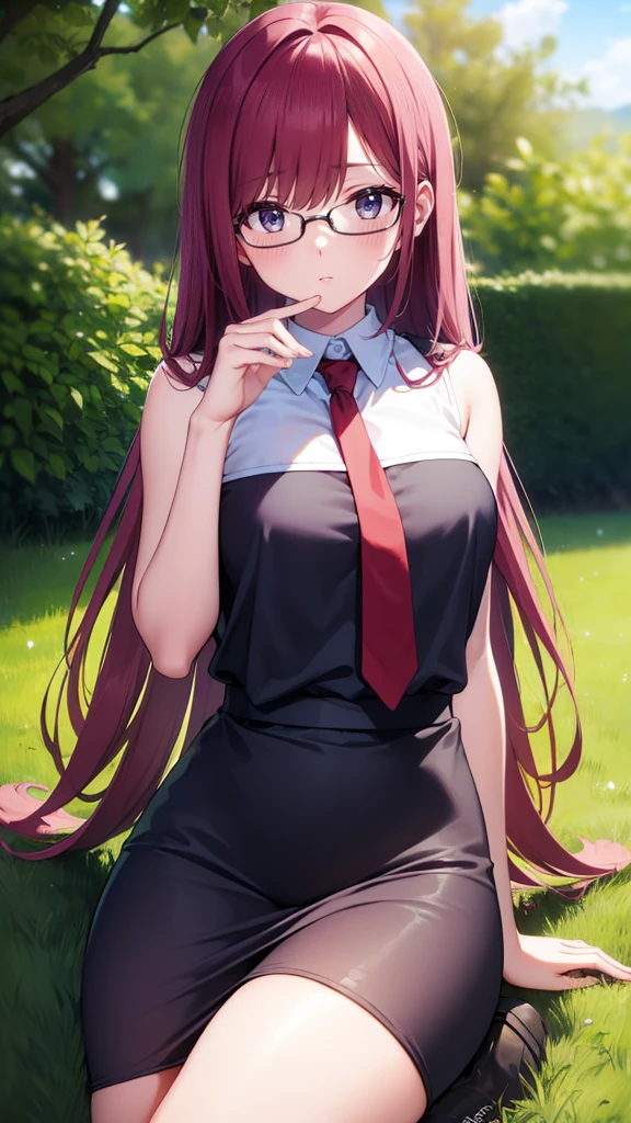 mashkyrielight, mash kyrielight, glasses, hair between eyes, hair over one eye, (purple eyes:1.1), red hair, long hair,
BREAK hood, shirt, collared shirt, white collar, black shirt, necktie, red necktie, sleeveless, off shoulder,
BREAK looking at viewers, in a green field wit bright sky, full body veiw, girly pose,
BREAK (masterpiece:1.2), best quality, high resolution, unity 8k wallpaper, (illustration:0.8), (beautiful detailed eyes:1.6), extremely detailed face, perfect lighting, extremely detailed CG, (perfect hands, perfect anatomy),