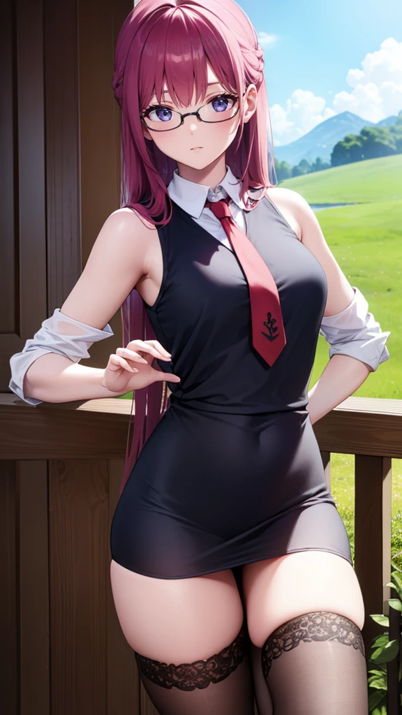 mashkyrielight, mash kyrielight, glasses, hair between eyes, hair over one eye, (purple eyes:1.1), red hair, long hair,
BREAK hood, shirt, collared shirt, white collar, black shirt, necktie, red necktie, sleeveless, off shoulder,
BREAK looking at viewers, in a green field wit bright sky, full body veiw, girly pose,
BREAK (masterpiece:1.2), best quality, high resolution, unity 8k wallpaper, (illustration:0.8), (beautiful detailed eyes:1.6), extremely detailed face, perfect lighting, extremely detailed CG, (perfect hands, perfect anatomy),