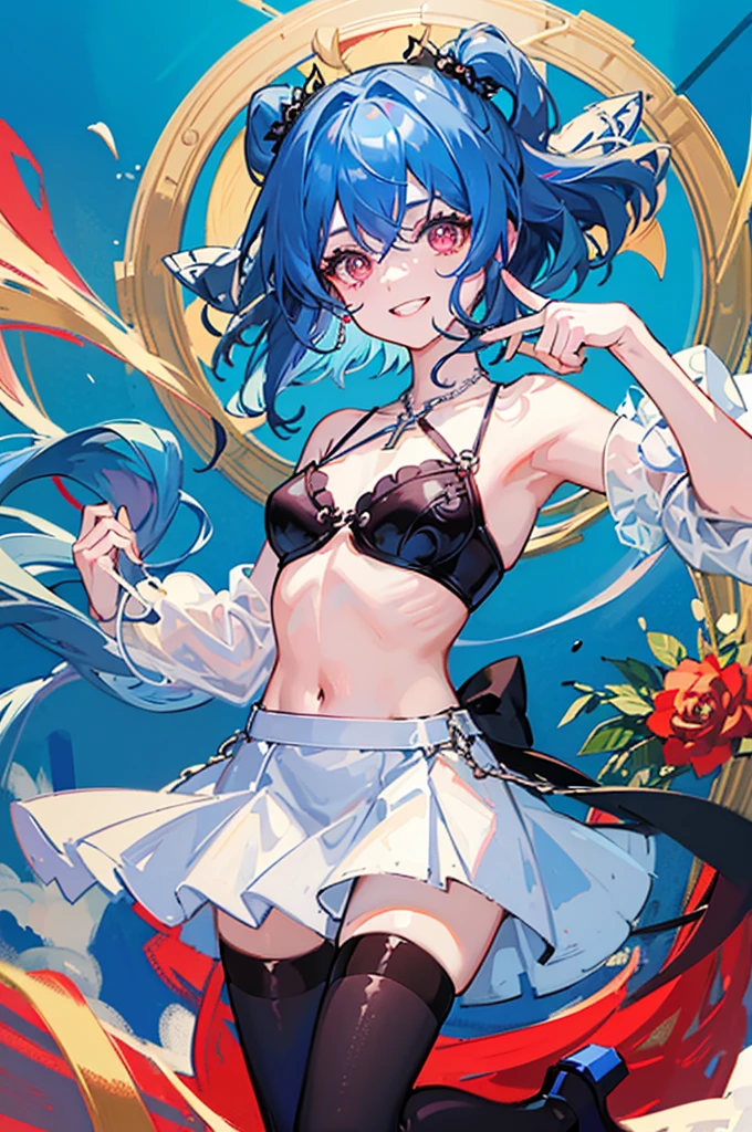 masterpiece, best quality, ultra detailed, a girl, grinning, jumping, looking at viewer, semi long, blue hair, with cross-shaped irises, red eyes, halter top, shorts, necklace, light blue background, flat background, kawaii, cute, anime