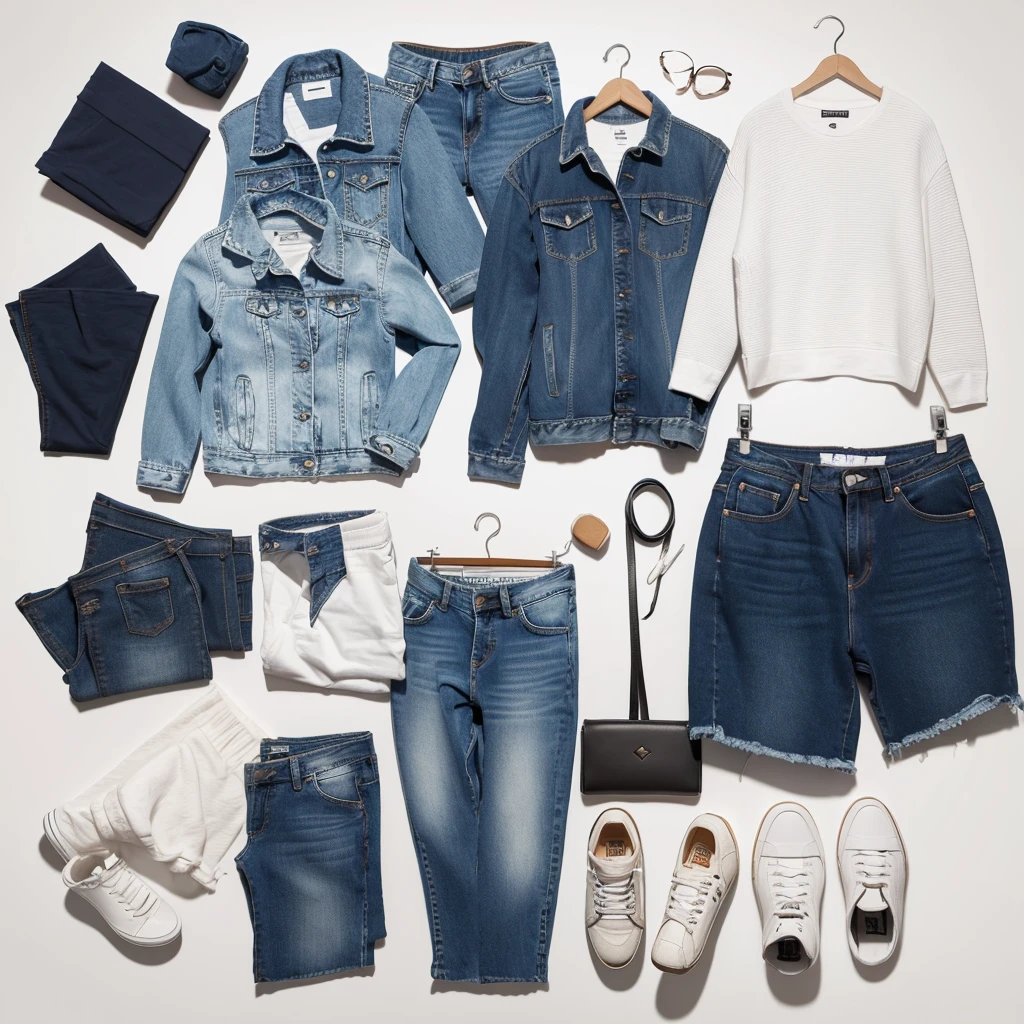 Generate a set of 10 high-quality images of casual tops, including light blue denim jackets, white T-shirts, striped sweaters, and hoodies. Display each item on a plain white background, without any human figures or mannequins. Each item should be isolated and floating. Photorealistic, 4K resolution.