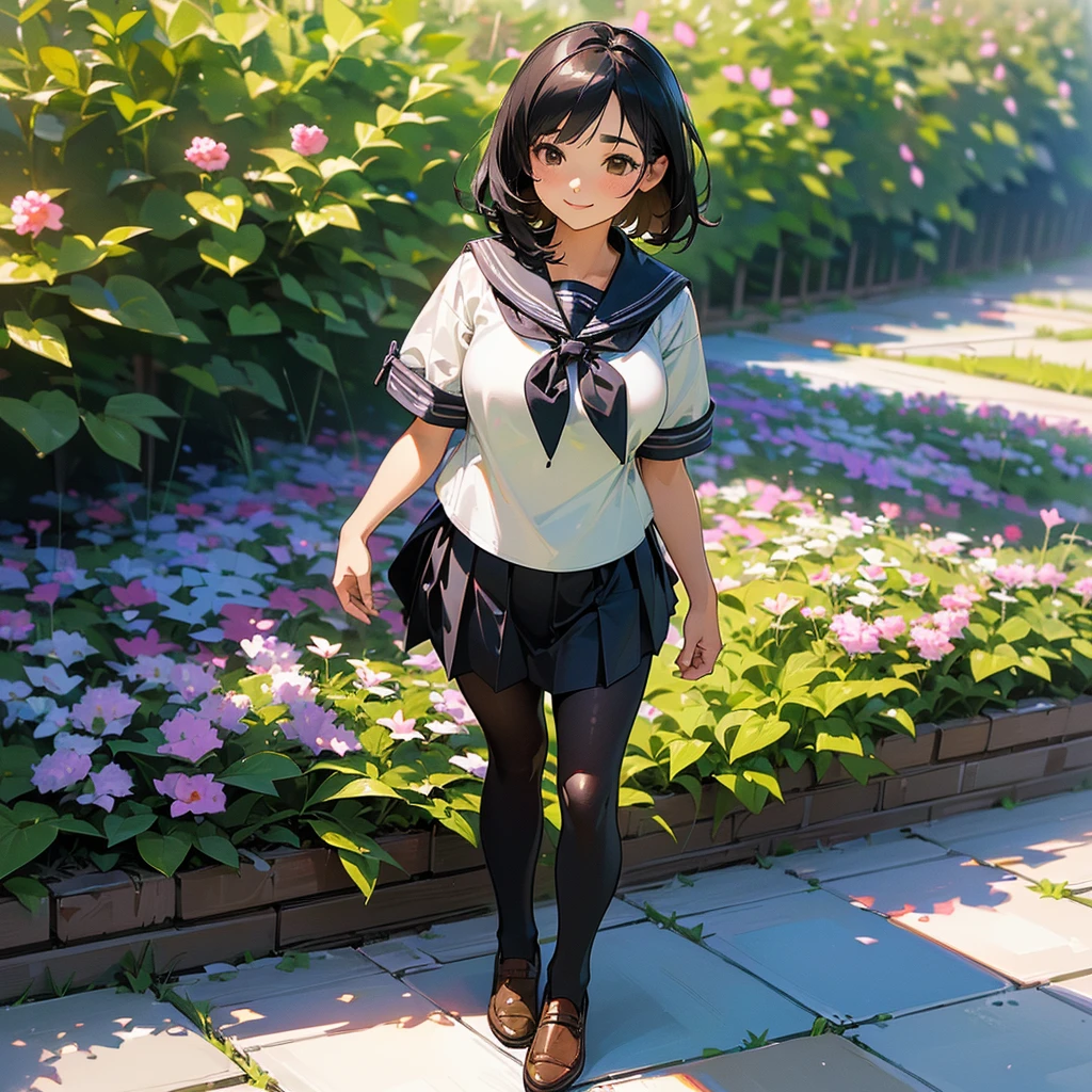 (Highest quality, High resolution, Super detailed, Realistic:1.37), Peaceful atmosphere, (Outdoor, garden), age girl standing alone,(my breasts are big.),Beautifully detailed features, Cute Smile, ((Black bob hair)),Short-sleeved sailor uniform, Pleated skirt,Black tights,Brown leather shoes.