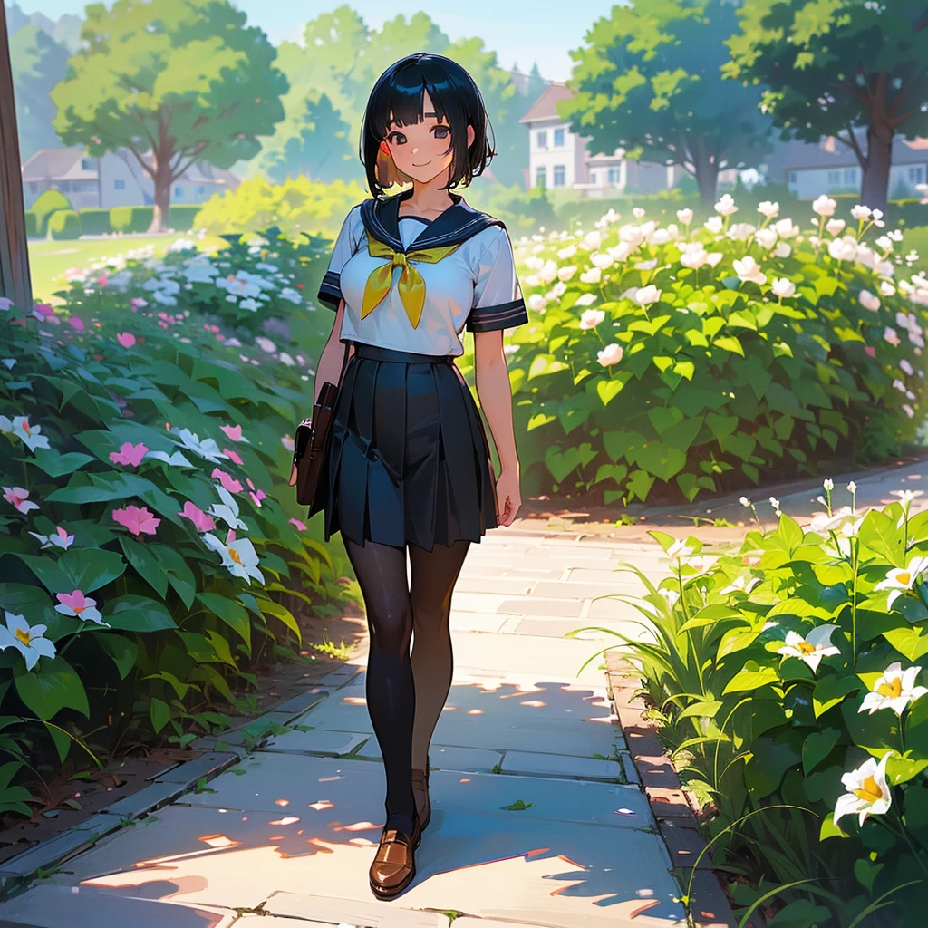 (Highest quality, High resolution, Super detailed, Realistic:1.37), Peaceful atmosphere, (Outdoor, garden),  girl standing alone,(my breasts are big.),Beautifully detailed features, Cute Smile, ((Black bob hair)),Short-sleeved sailor uniform, Pleated skirt,Black tights,Brown leather shoes.