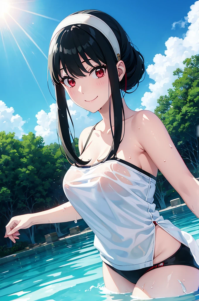 White hair band、Red eyes、Black Hair、Yor Briar、Beautiful woman swimming underwater、Dazzling Sun、smile、Splash、Wet clothes