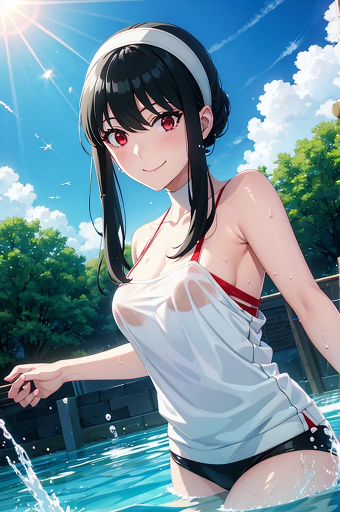 White hair band、Red eyes、Black Hair、Yor Briar、Beautiful woman swimming underwater、Dazzling Sun、smile、Splash、Wet clothes