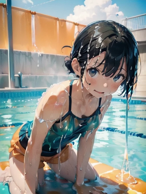 (Soaked with slimy liquid:1.6),Orange swimsuit((Orange camisole),Navy blue piping),Navy blue shorts,Black Hair,(A pool of slimy liquid:1.2),(Leaning forward pose:1.6),