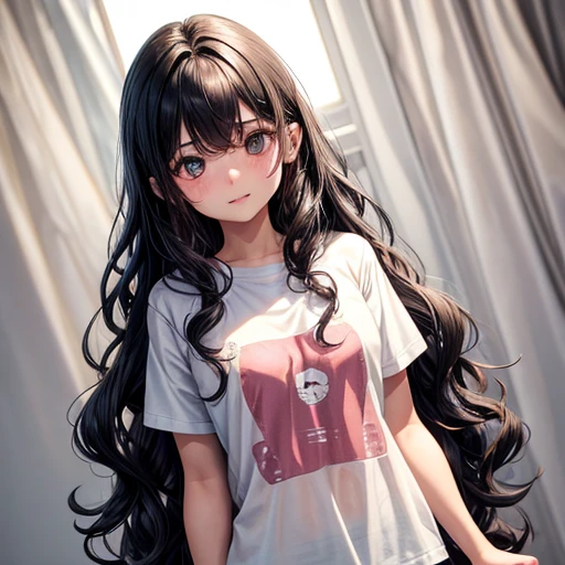 18 year old American girl, Video Gamer, Wearing a semi-transparent short T-shirt, Black Hair, ((blush: 0.8)), Natural skin texture, 4k Texture, Very detailed, Insane Details, pale colour , ((Long Wavy Hair)), ((smile: 0.4)), (No pants: 0.2), ((Look straight into the camera)), ((Tilt your head: 0.8 )), ((Small breasts:1)).