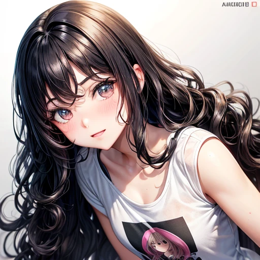 18 year old American girl, Video Gamer, Wearing a semi-transparent short T-shirt, Black Hair, ((blush: 0.8)), Natural skin texture, 4k Texture, Very detailed, Insane Details, pale colour , ((Long Wavy Hair)), ((smile: 0.4)), (No pants: 0.2), ((Look straight into the camera)), ((Tilt your head: 0.8 )), ((Small breasts:1)).
