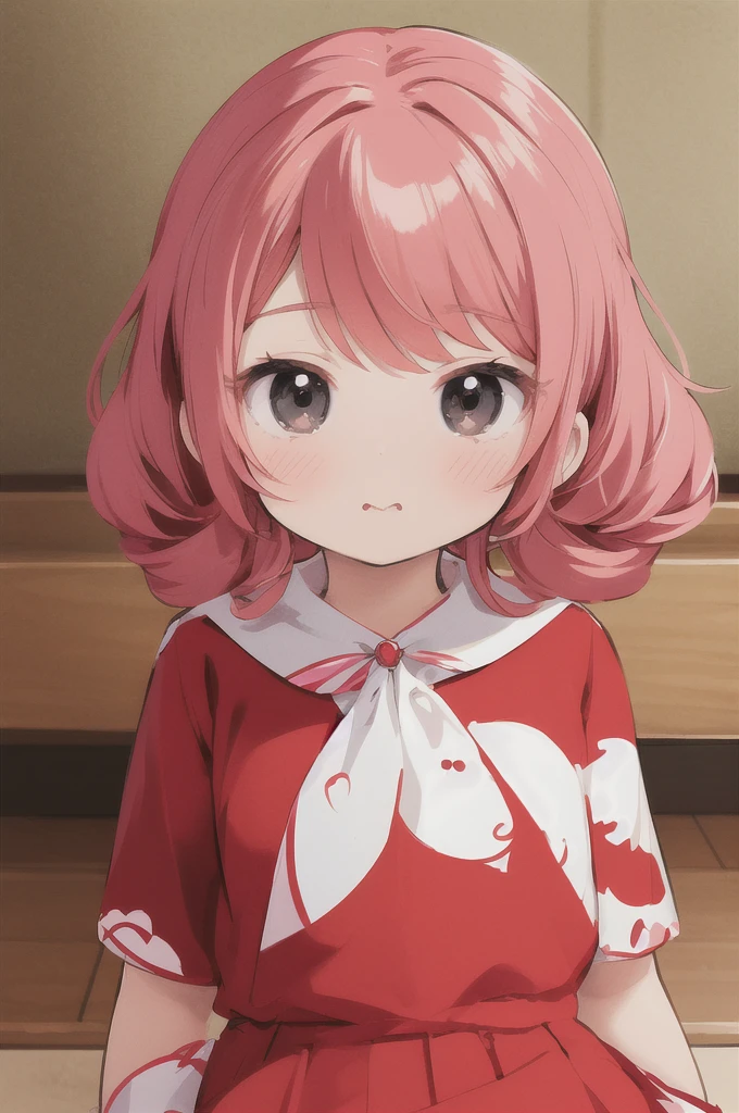 anime girl cute kawaii girl, soft anime illustration, kawaii chibi, kawaii anime manga style, cute anime face, , kawaii, kawaii manga style, cute anime , kawaii realistic portrait, extremely cute anime girl face, cute:2, small girl, kawaii aesthetic,black eyes,red curly hair,red dress