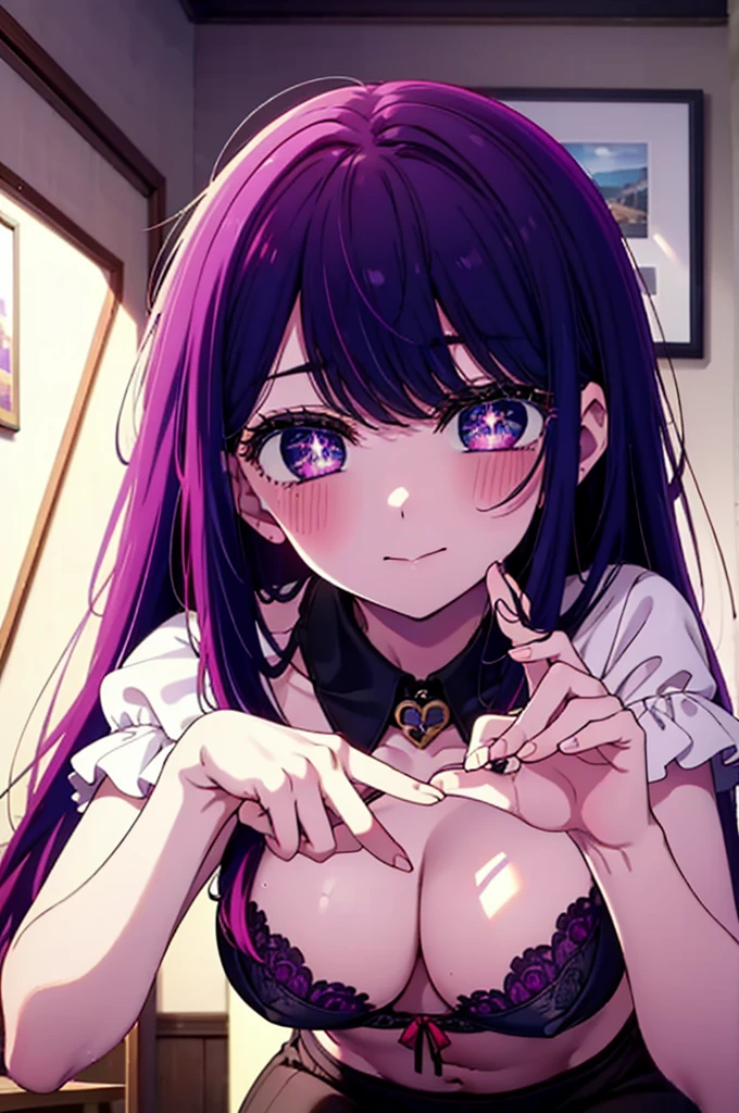 aihoshino, Ai Hoshino, Long Hair, bangs, (Purple eyes:1.1), Purple Hair, (Symbol-shaped pupil:1.5), smile,,smile,blush,purple bra,purple string underwear,Purple garter belt,Purple pantyhose, whole bodyがイラストに入るように,　　　　　　　　　　　　　　　　　　　　break looking at viewer, whole body, (Cowboy Shot:1. 5)　　　　　　　　　　　　　　　 break indoors ,Bedroom,　　　　　　　　　　　　　　　break (masterpiece:1.2), Highest quality, High resolution, unity 8k wallpaper, (shape:0.8), (Beautiful and beautiful eyes:1.6), Highly detailed face, Perfect lighting, Highly detailed CG, (Perfect hands, Perfect Anatomy),