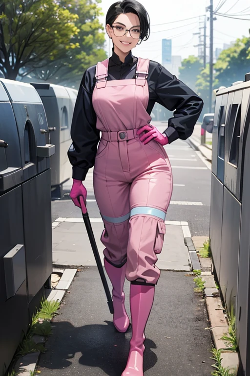 A mature woman with short black hair slicked back and wearing glasses and a blue long-sleeved jumpsuit is cleaning a dirty public toilet in a park while wearing large pink rubber gloves and white rubber boots and smiling gently.